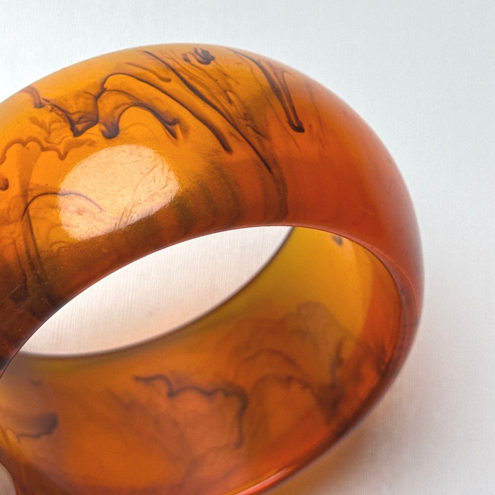 Vintage Amber Tortoise Shell Resin Chunky Bangle Bracelet Domed Swirl 2.5 Inch